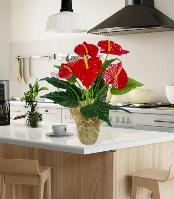 Nettenevime Yapay Çiçek Antoryum Keten Saksılı Yapay Bitki Salon Çiçeği Kırmızı - 7