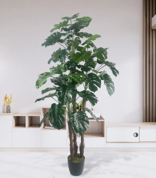 Nettenevime Yapay Çiçek Monstera Yeşil Deve Tabanı 3Katlı 135cm 54Yaprak Siyah Plastik Saksıda Yapay Bitki
