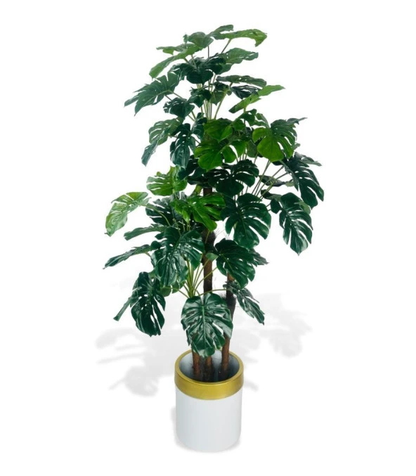 Nettenevime Yapay Çiçek Monstera Yeşil Deve Tabanı 3Katlı 135cm 54Yaprak Gold Kemerli Beyaz Saksıda Yapay Bitki
