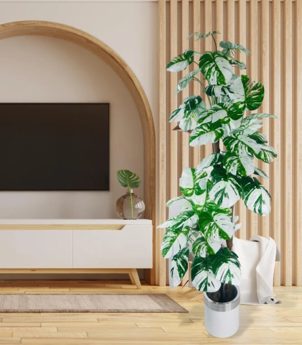 Nettenevime Yapay Çiçek Monstera Yeşil Beyaz Deve Tabanı 3Katlı 180cm 54Yaprak Gümüş Kemerli Beyaz Metal Saksı - 2