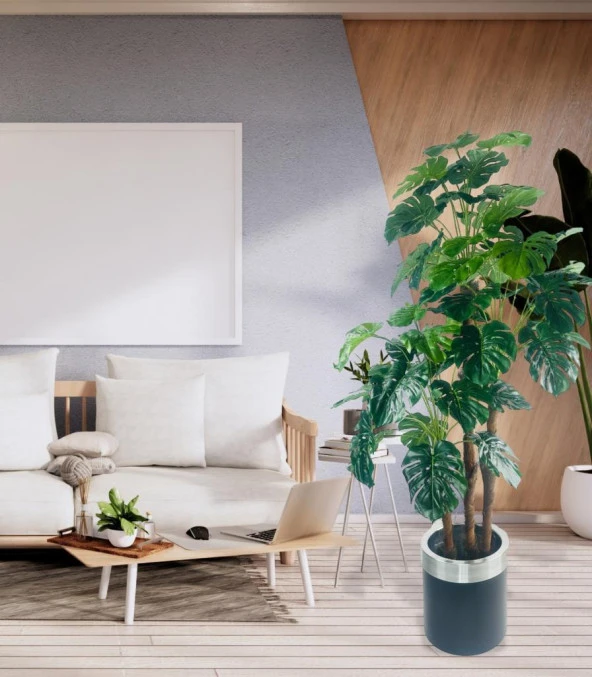 Nettenevime Yapay Çiçek Monstera Yeşil Deve Tabanı 3Katlı 135cm 54Yaprak Gümüş Kemerli Siyah Saksıda Yapay Bitki - Resim 3