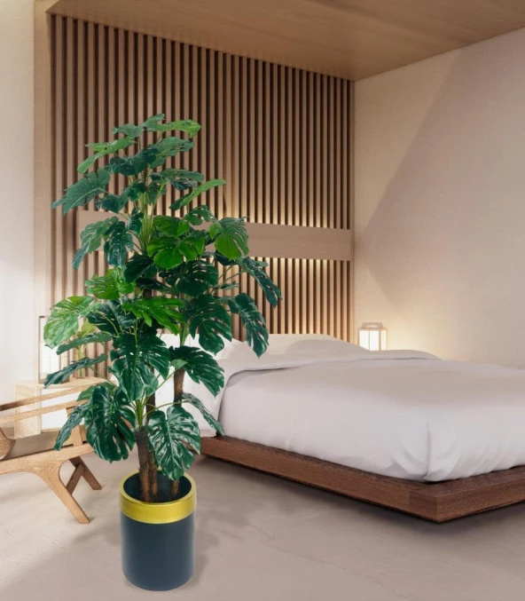 Nettenevime Yapay Çiçek Monstera Yeşil Deve Tabanı 3Katlı 135cm 54Yaprak Gold Kemerli Siyah Saksıda Yapay Bitki - Resim 3
