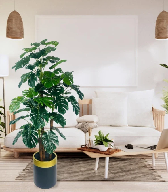 Nettenevime Yapay Çiçek Monstera Yeşil Deve Tabanı 3Katlı 135cm 54Yaprak Gold Kemerli Siyah Saksıda Yapay Bitki - Resim 4
