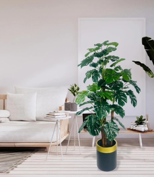 Nettenevime Yapay Çiçek Monstera Yeşil Deve Tabanı 3Katlı 135cm 54Yaprak Gold Kemerli Siyah Saksıda Yapay Bitki - Resim 5