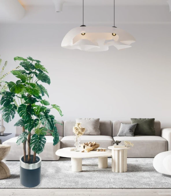 Nettenevime Yapay Çiçek Monstera Yeşil Deve Tabanı 3Katlı 135cm 54Yaprak Gümüş Kemerli Siyah Saksıda Yapay Bitki - Resim 6