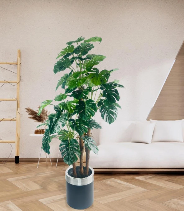 Nettenevime Yapay Çiçek Monstera Yeşil Deve Tabanı 3Katlı 135cm 54Yaprak Gümüş Kemerli Siyah Saksıda Yapay Bitki - Resim 7
