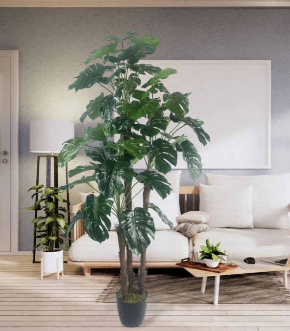 Yapay Çiçek Monstera Yeşil Deve Tabanı 3Katlı 135cm 54Yaprak Siyah Plastik Saksıda Yapay Bitki - 5