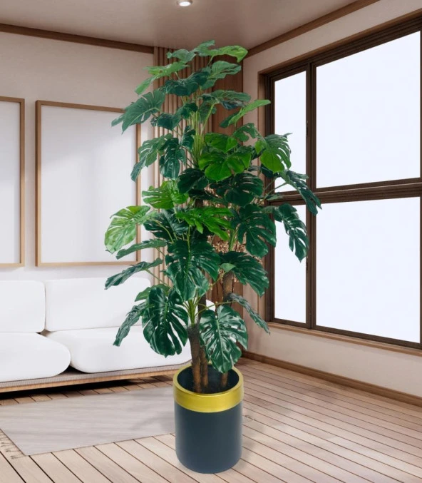 Nettenevime Yapay Çiçek Monstera Yeşil Deve Tabanı 3Katlı 135cm 54Yaprak Gold Kemerli Siyah Saksıda Yapay Bitki - Resim 8