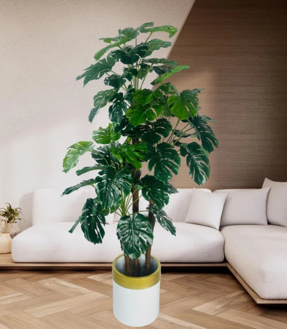 Nettenevime Yapay Çiçek Monstera Yeşil Deve Tabanı 3Katlı 135cm 54Yaprak Gold Kemerli Beyaz Saksıda Yapay Bitki - Resim 2