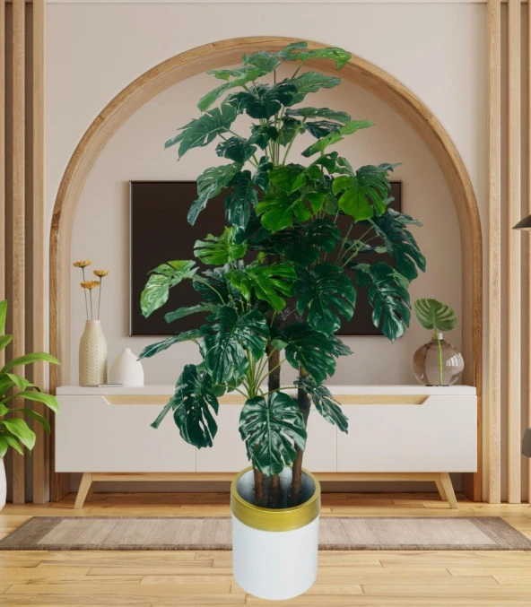 Nettenevime Yapay Çiçek Monstera Yeşil Deve Tabanı 3Katlı 135cm 54Yaprak Gold Kemerli Beyaz Saksıda Yapay Bitki - Resim 3