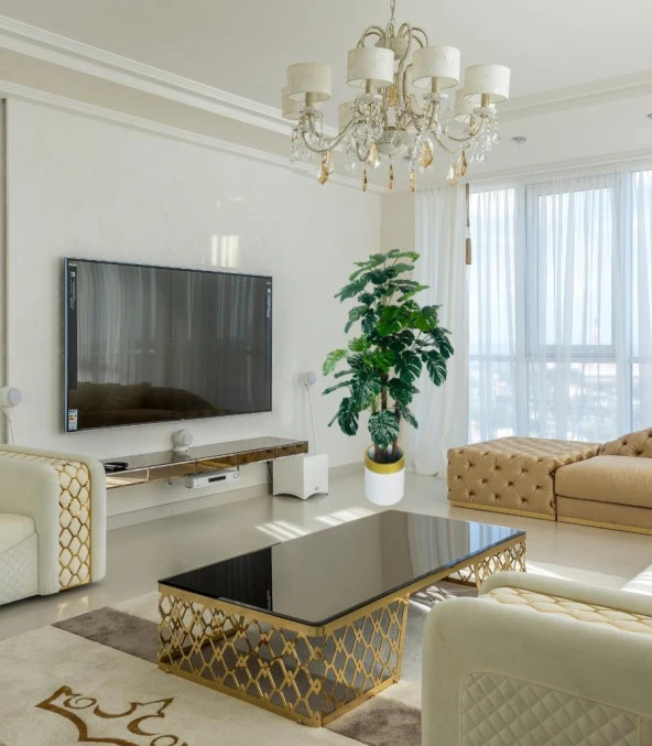 Nettenevime Yapay Çiçek Monstera Yeşil Deve Tabanı 3Katlı 135cm 54Yaprak Gold Kemerli Beyaz Saksıda Yapay Bitki - Resim 5