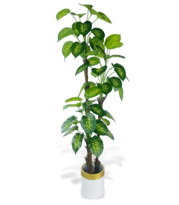 Nettenevime Yapay Çiçek Difenbahya Sarı Yeşil 3Katlı 190cm 54Yaprak Gold Kemerli Beyaz Saksıda Yapay Bitki ürün görseli 1