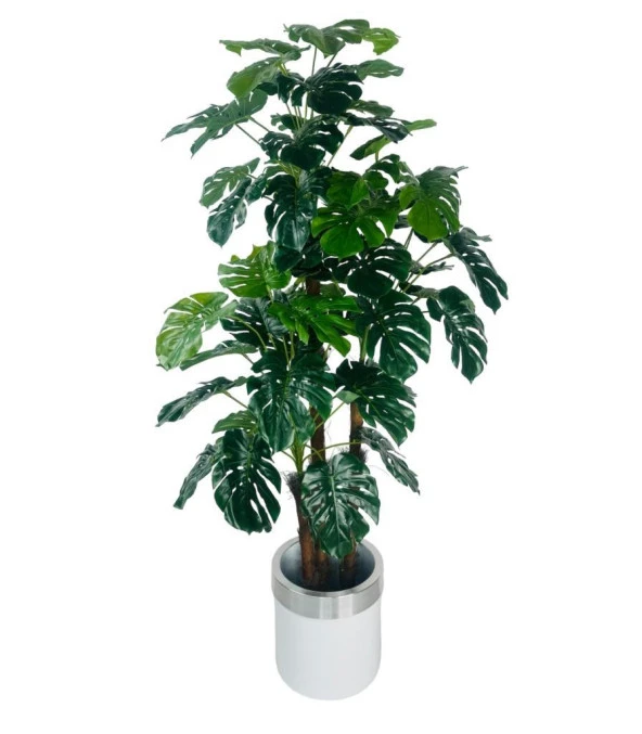 Yapay Çiçek Monstera Yeşil Deve Tabanı 3Katlı 135cm 54Yaprak Gümüş Kemerli Beyaz Saksıda Yapay Bitki - 5