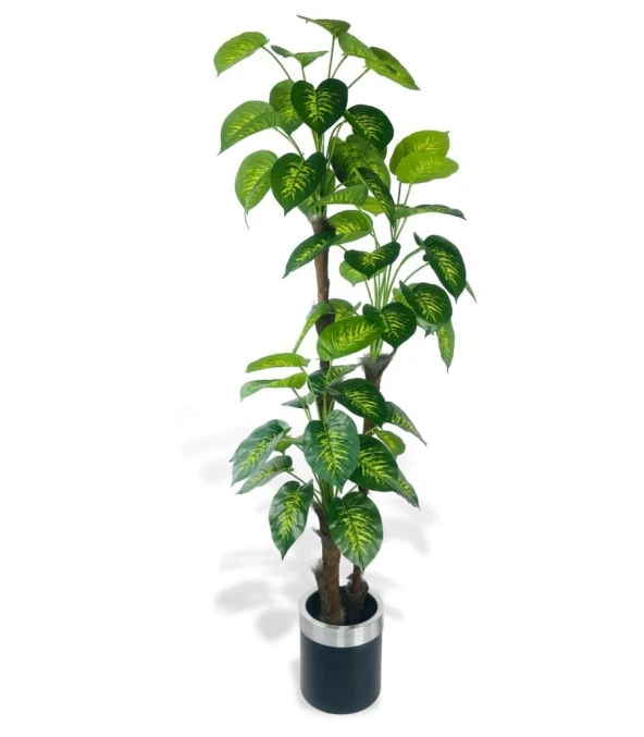 Nettenevime Yapay Çiçek Difenbahya Sarı Yeşil 3Katlı 190cm 54Yaprak Gümüş Kemerli Siyah Saksıda Yapay Bitki