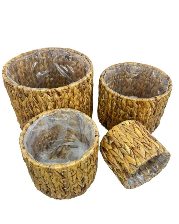 Nettenevime Dekoratif Hasır 4lü Set Saksı Bohem Konsept Muz Lifi Örgü Saksı - 3