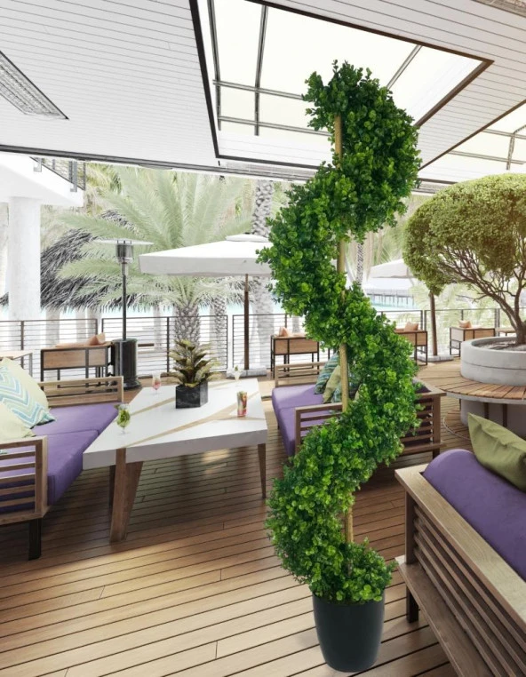 Nettenevime Yapay Ağaç Spiral Şimşir Ağacı 160cm Bambu Saplı Salon Bitkisi Düz Yeşil - 8