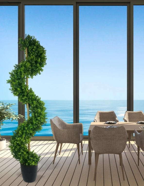 Nettenevime Yapay Ağaç Spiral Şimşir Ağacı 160cm Bambu Saplı Salon Bitkisi Düz Yeşil - 9