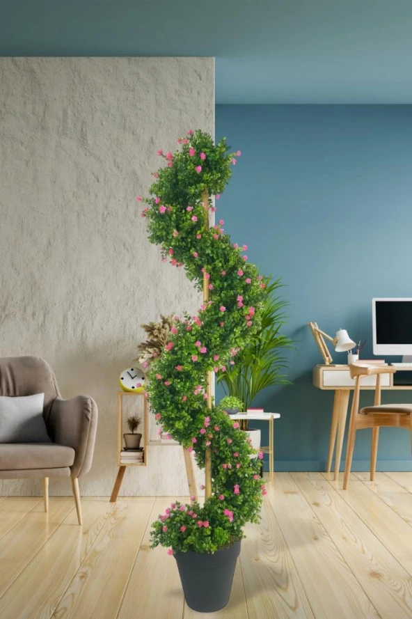 Nettenevime Yapay Ağaç Spiral Pembe Mineli Şimşir Ağacı 160cm Bambu Saplı Salon Bitkisi - 4