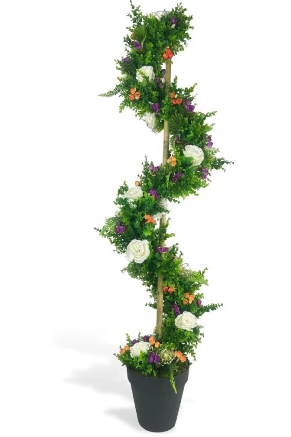 Nettenevime Yapay Ağaç Beyaz Pastel Şakayıklı Spiral Şimşir Ağacı 160cm Bambu Saplı Salon Bitkisi