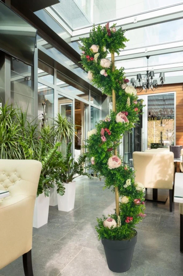 Nettenevime Yapay Ağaç Pembe Marsilya Şakayıklı Spiral Şimşir Ağacı 160cm Bambu Saplı Salon Bitkisi - 5