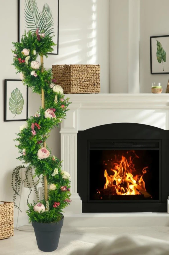 Nettenevime Yapay Ağaç Pembe Marsilya Şakayıklı Spiral Şimşir Ağacı 160cm Bambu Saplı Salon Bitkisi - 6