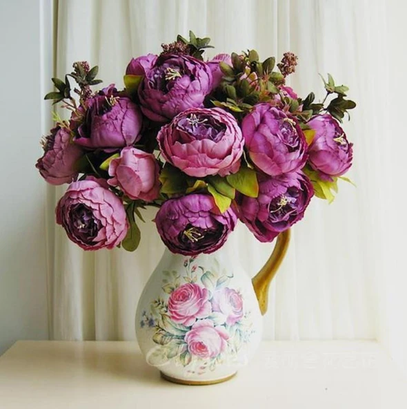 Nettenevime Yapay Çiçek Marsilya Gülü Şakayık Erengül Büyük Boy Demet  Mor - Resim 3