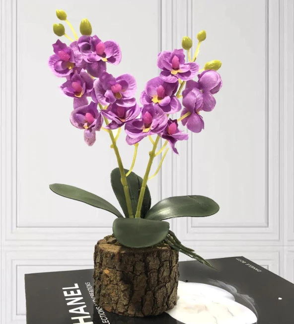 Nettenevime Yapay Çiçek Orkide Doğal Kütük Saksı da Hediyelik LİLA 25cm - 2
