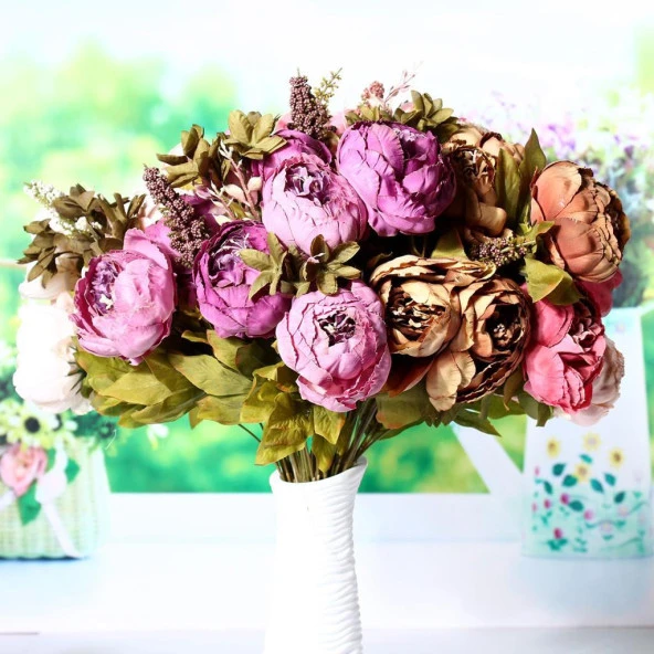 Nettenevime Yapay Çiçek Marsilya Gülü Şakayık Erengül Büyük Boy Demet  Mor - Resim 5