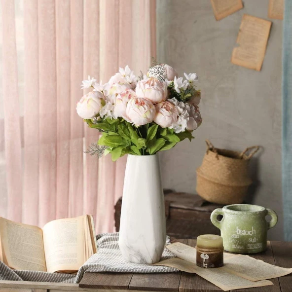 Nettenevime Yapay Çiçek Şakayık 5 Kafalı Büyük Boy Demet İpek Kumaş PEMBE AÇIK - Resim 5