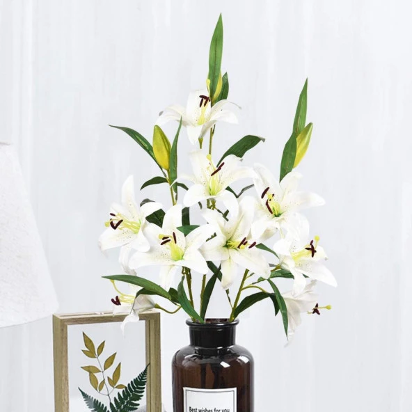 Yapay Çiçek Lilyum 3 Kafalı Islak Zambak 80cm Beyaz - 4