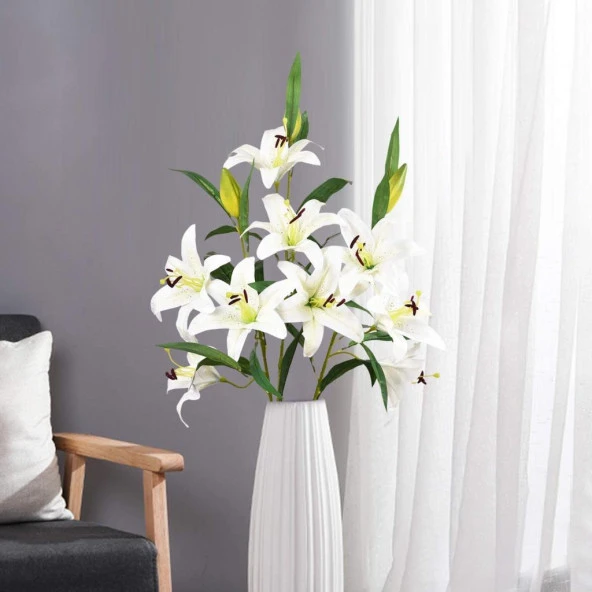 Yapay Çiçek Lilyum 3 Kafalı Islak Zambak 80cm Beyaz - 5