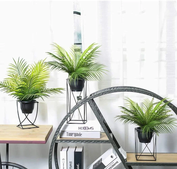 Nettenevime Yapay Çiçek Palmiye Metal Mat Siyah Saksılı Areka Yapay Bitki Salon Çiçeği 9 Yaprak - Resim 3