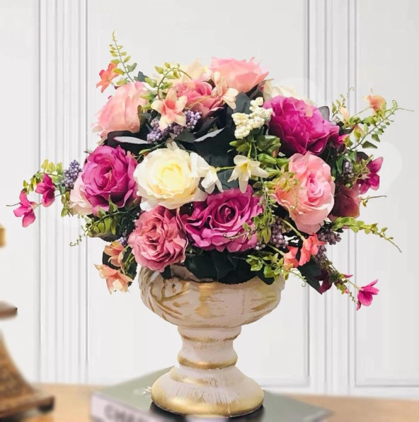 Nettenevime Yapay Çiçek li Seramik Kupa Vazo lu Arajman Nişan Çiçeği Kız İsteme Fuşya ürün görseli 1