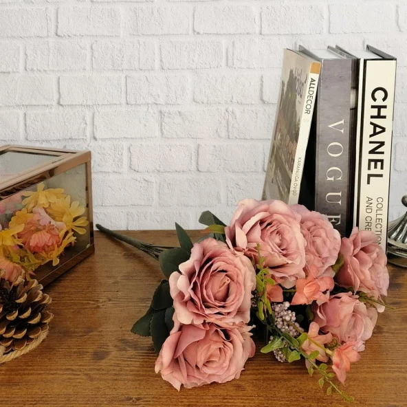 Nettenevime Yapay Çiçek Büyük Demet 6 Kafalı Gül Demeti Ve Cipsolu Gül Kurusu - Resim 3