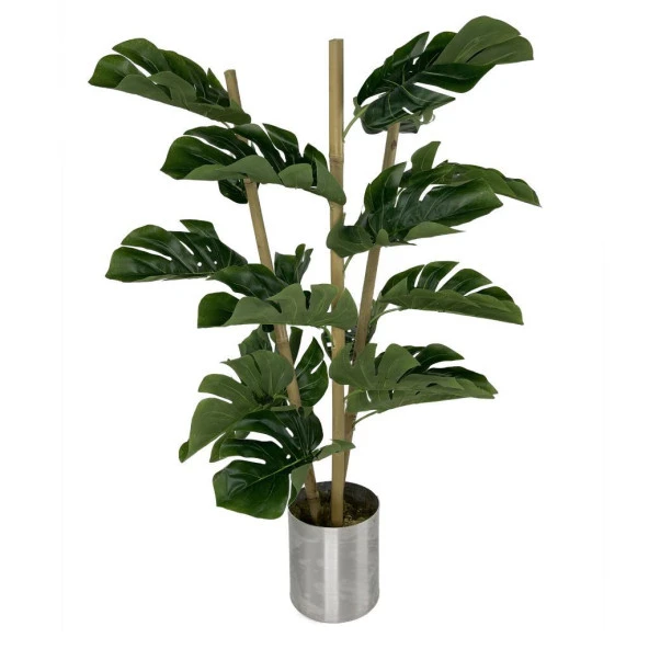 Nettenevime Yapay Çiçek Monstera Bambu Saplı Deve Tabanı Gümüş Saksılı Salon Çiçeği 18 Yaprak 80 cm