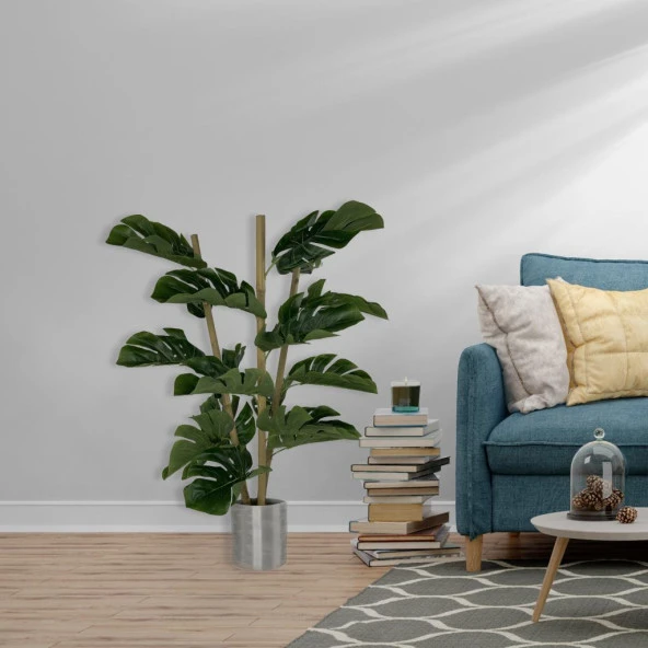 Nettenevime Yapay Çiçek Monstera Bambu Saplı Deve Tabanı Gümüş Saksılı Salon Çiçeği 18 Yaprak 80 cm - 2