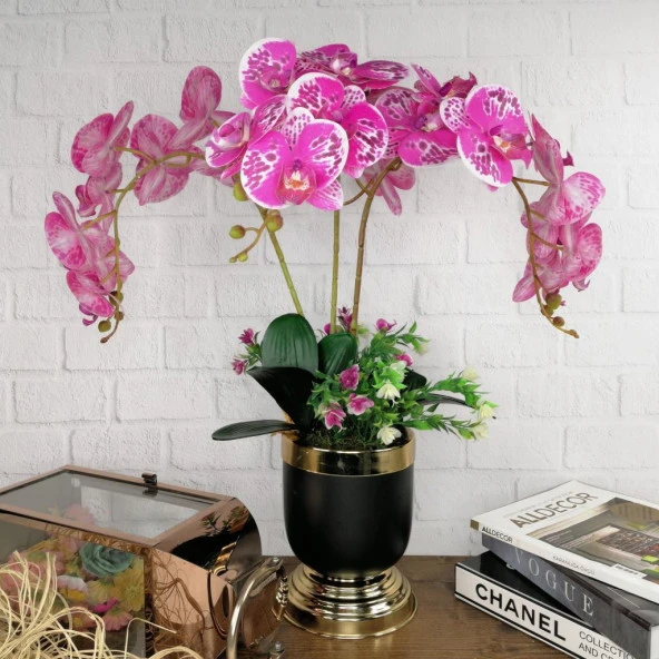 Nettenevime Yapay Çiçek Aranjmanı Metal Mat Siyah Gold Vazoda Fuşya Orkideler Yapay Orkide Arajmanı - Resim 2