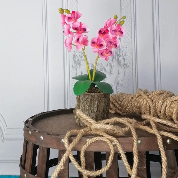 Nettenevime Yapay Çiçek Ahşap Kütük Saksılı Koyu Pembe Mini Yapay Orkide Dekoratif Hediye - Resim 3