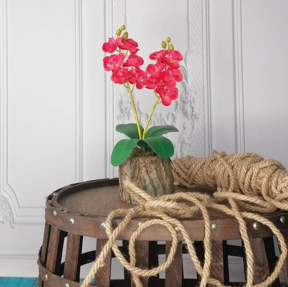 Nettenevime Yapay Çiçek Ahşap Kütük Saksılı Kırmızı Mini Yapay Orkide Dekoratif Hediye - Resim 3