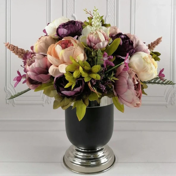 Nettenevime Yapay Çiçek Aranjmanı Gümüş-Siyah Vazolu Mor-Pembe Güllü Nişan Çiçeği İsteme Çiçeği Masa Üstü Çiçeği Arajman