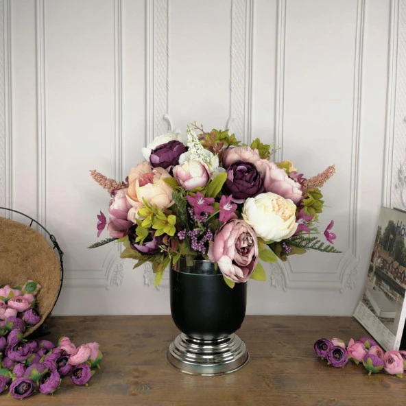 Nettenevime Yapay Çiçek Aranjmanı Gümüş-Siyah Vazolu Mor-Pembe Güllü Nişan Çiçeği İsteme Çiçeği Masa Üstü Çiçeği Arajman - 2