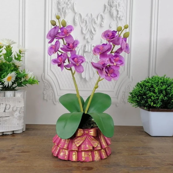 Nettenevime Beton Saksılı Yapay Orkide Pileli Etek Saksılı Lila Mini Yapay Orkide