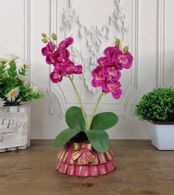 Nettenevime Beton Saksılı Yapay Orkide Pileli Etek Saksılı Fuşya Mini Yapay Orkide