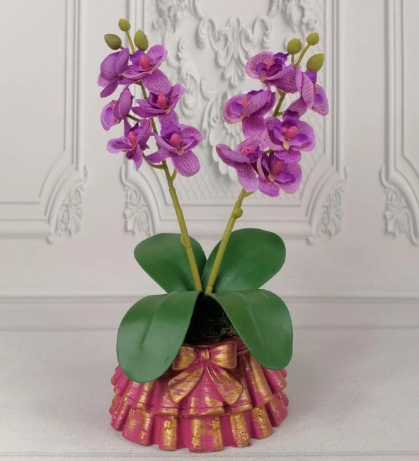 Nettenevime Beton Saksılı Yapay Orkide Pileli Etek Saksılı Lila Mini Yapay Orkide - 2