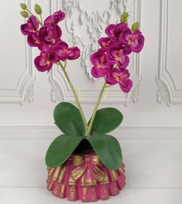 Nettenevime Beton Saksılı Yapay Orkide Pileli Etek Saksılı Fuşya Mini Yapay Orkide - 2