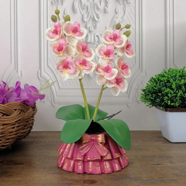 Nettenevime Beton Saksılı Yapay Orkide Pileli Etek Saksılı Pembe Açık Mini Yapay Orkide