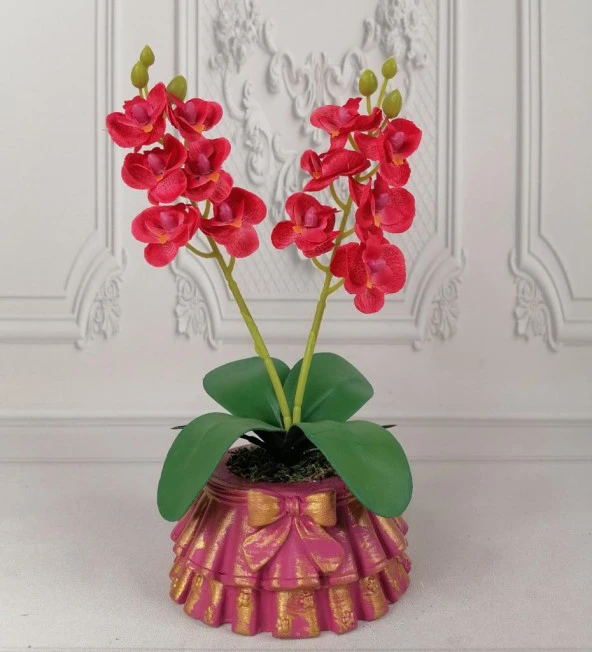 Nettenevime Beton Saksılı Yapay Orkide Pileli Etek Saksılı Kırmızı Mini Yapay Orkide - 2