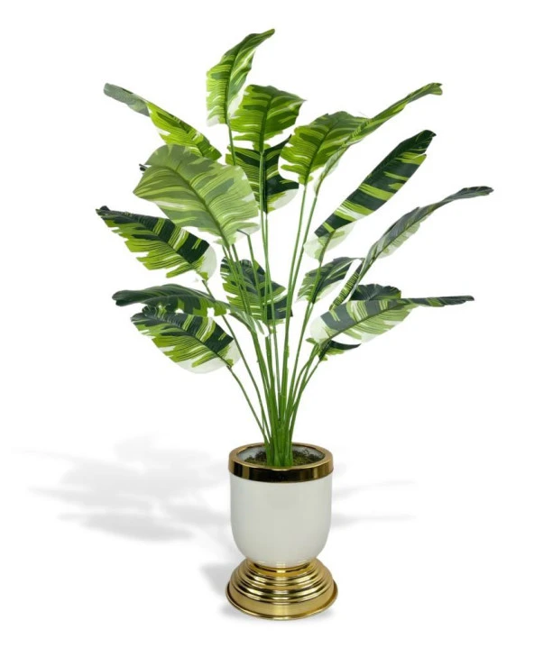 Nettenevime Yapay Çiçek Çizgili Muz Yapraklı Salon Çiçeği 18Dal 90*60cm Gold Krem Vazoda Yapay Bitki - Resim 3