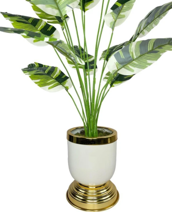 Nettenevime Yapay Çiçek Çizgili Muz Yapraklı Salon Çiçeği 18Dal 90*60cm Gold Krem Vazoda Yapay Bitki - Resim 4