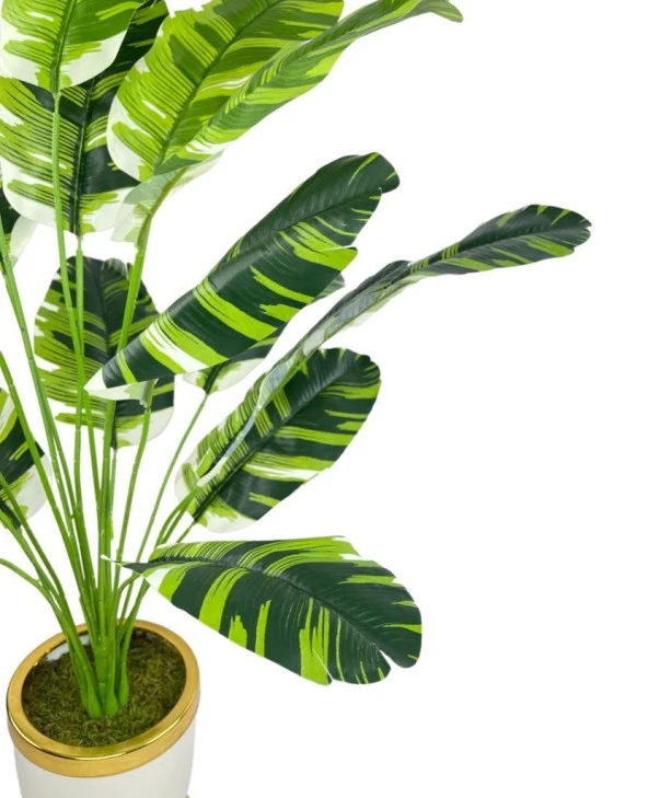 Nettenevime Yapay Çiçek Çizgili Muz Yapraklı Salon Çiçeği 18Dal 90*60cm Gold Krem Vazoda Yapay Bitki - Resim 5